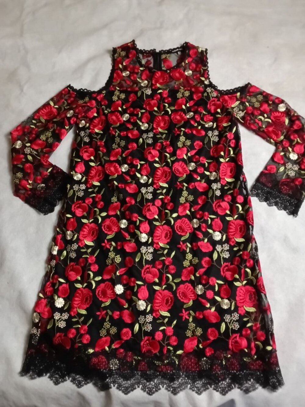 Sugar + Lips Dress Womens M Cold Shoulder Red Rose Embroidery Black Lace